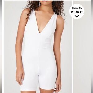 Plunging Sleeveless White Romper